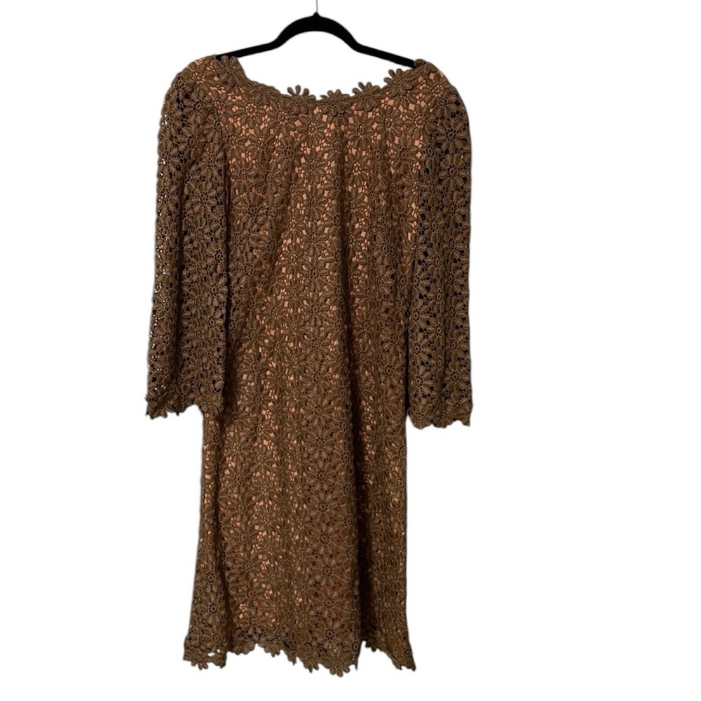 VTG Suzy Perette tan Lace overlay satin lined V Back sheath dress size 10